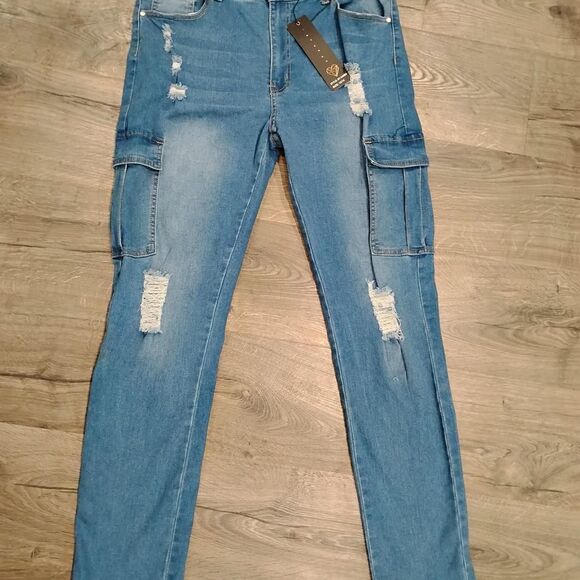 Blue Topic Womens distressed ripped light Blue Jeans cargo utility y2k straight - Picture 2 of 7